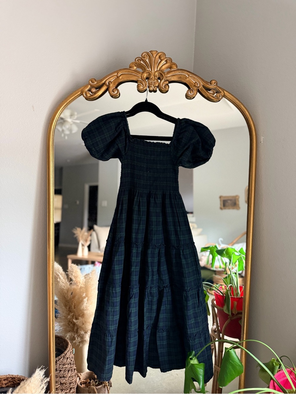 Maxwell and Geraldine Kate green tartan plaid puff sleeve midi dress small